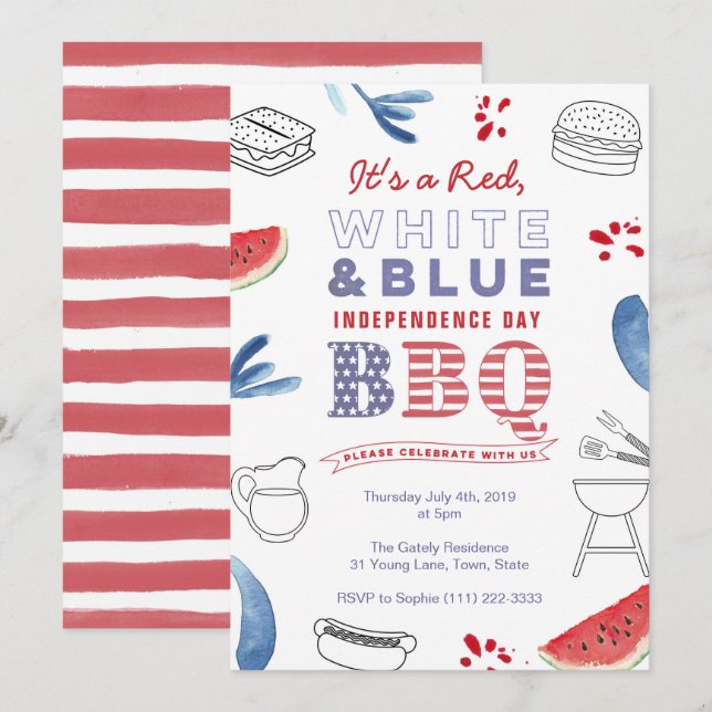 American Holidays BBQ Party Red White Blue Invitation (Front/Back)