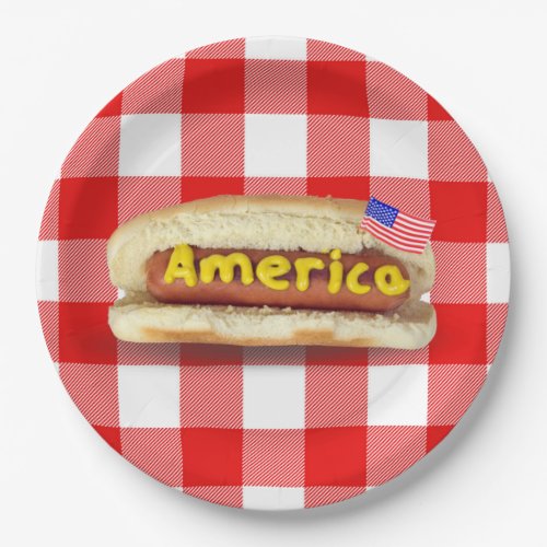 American Hot Dog on Buffalo Plaid Paper Plate