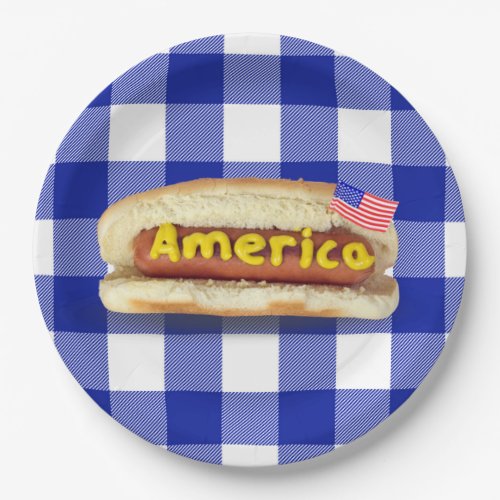 American Hot Dog on Buffalo Plaid Paper Plates