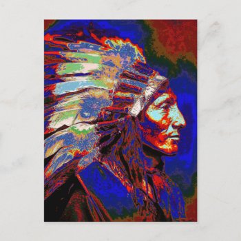 American Indian Chief Graphic Portrait Postcard by tempera70 at Zazzle