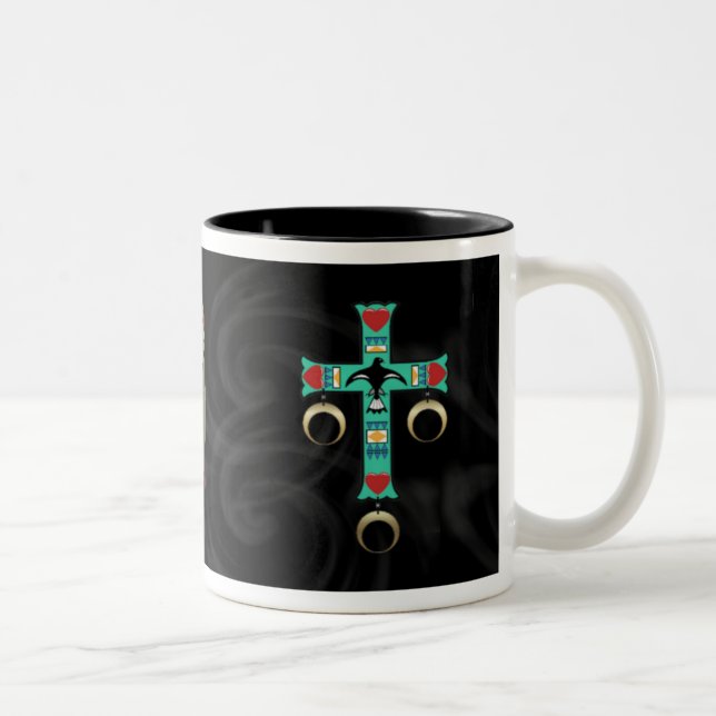 American Indian Cross with Two Feathers Two-Tone Coffee Mug (Right)