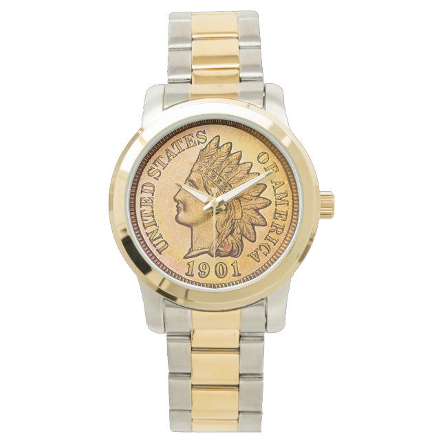 American Indian Head Penny 1901 on two tone watch (Front)
