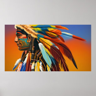 American Indian Man feathers Orange blue tattoo  Poster