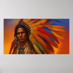 American Indian Man feathers Vintage Poster