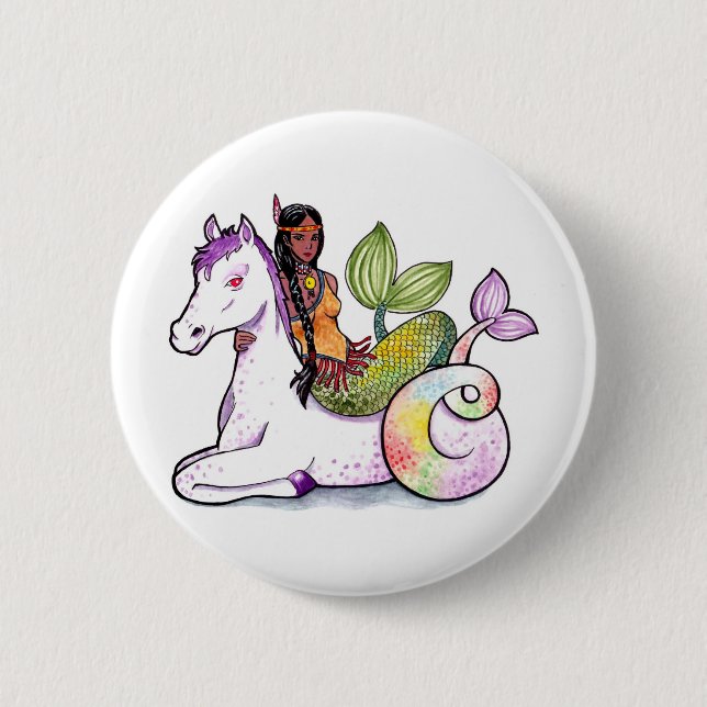 American Indian Mermaid and merhorse Pinback Button (Front)