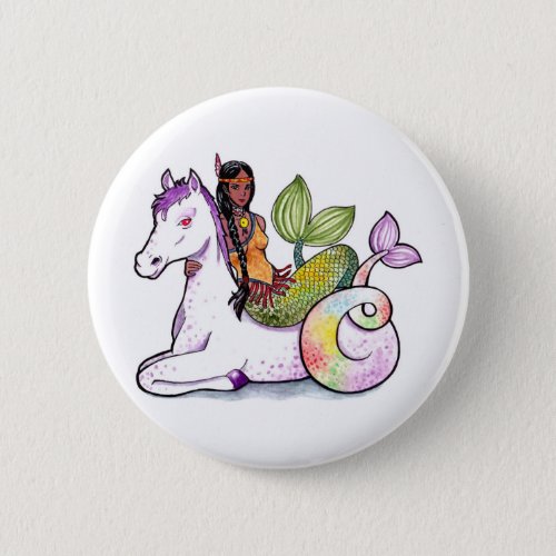 American Indian Mermaid and merhorse Pinback Button