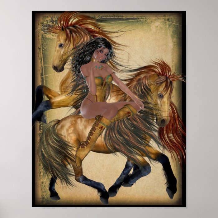 American Indian Princess and Horses Poster