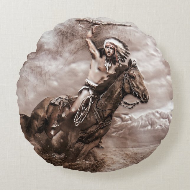 American Indian Riding Horse Round Pillow (Front)