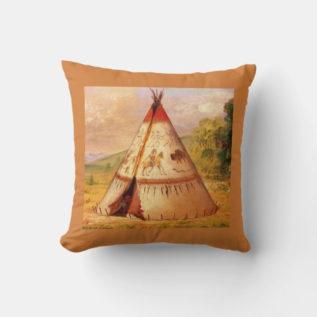 American Indian Teepee, and Scenery, Catlin Throw Pillow (Front)