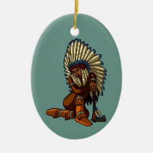 American Indian Woman Feather Tomahawk Pixel Ceramic Ornament