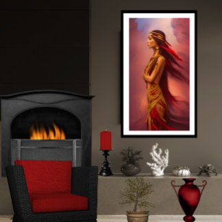 American Indian woman red gold dress feathers Poster