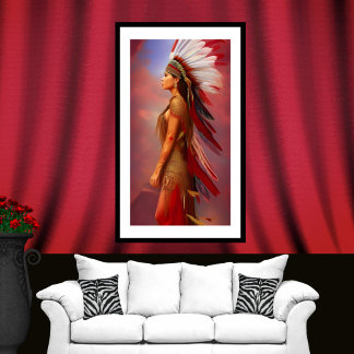 American Indian woman red gold feathers blue Poster
