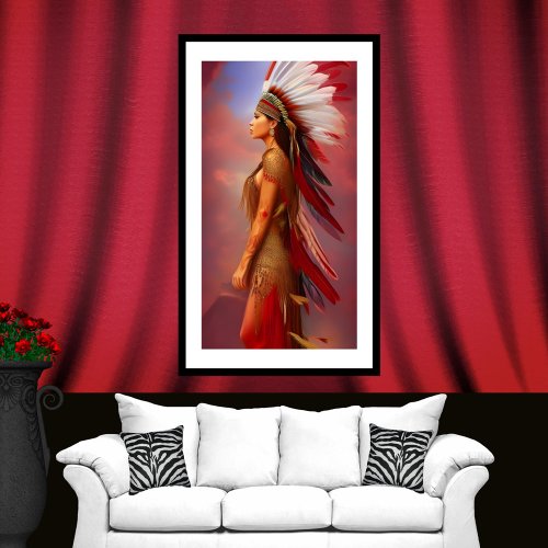 American Indian woman red gold feathers blue Poster