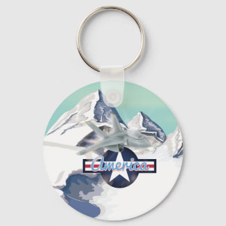 American Jet Plane Flying over Rocky Mountains Keychain