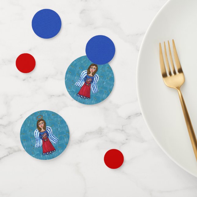 American July 4th Angel Holding Flag Red Blue Confetti (Group)