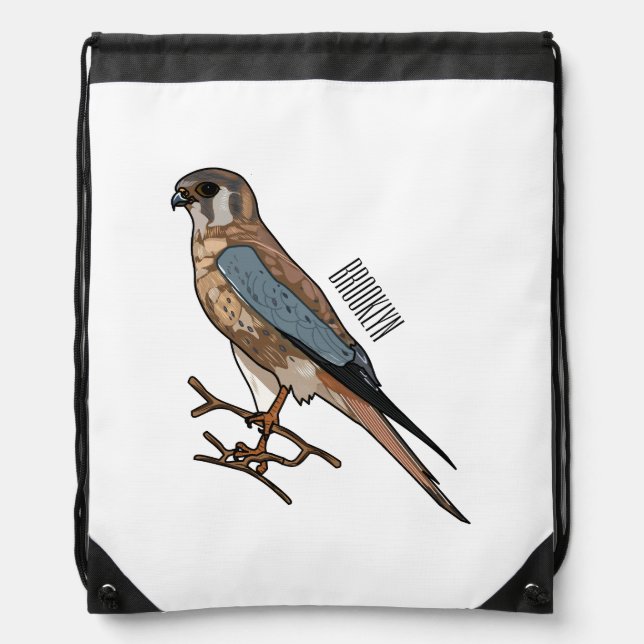 American kestrel bird cartoon illustration  drawstring bag (Front)