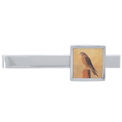 American Kestrel Painting _ Original Bird Art Silver Finish Tie Bar