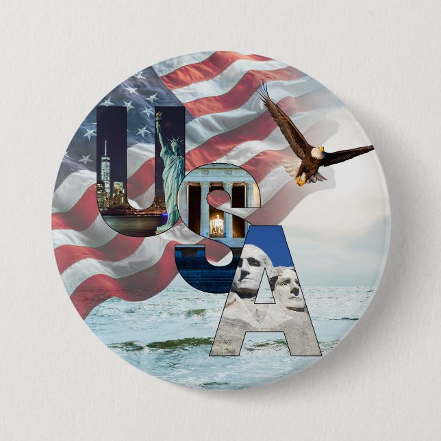 American Landmark USA Flag Sea and Bald Eagle 3" Button (Front)