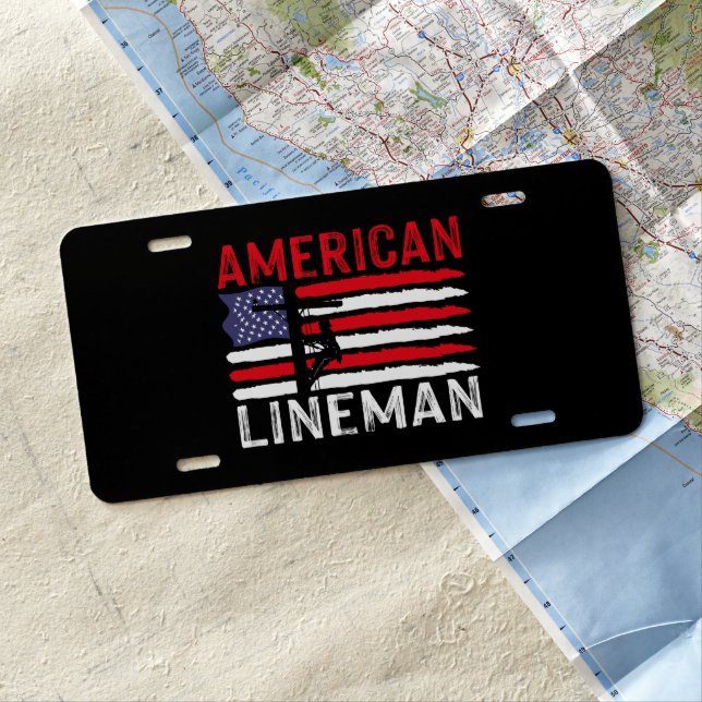 American Lineman Electric Cable Patriotic USA Flag License Plate (In Situ)