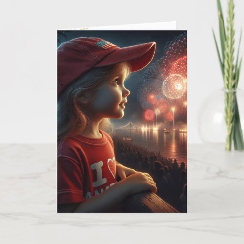 American Little Girl Watching Fireworks Card