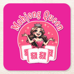 American Mahjong Queen Pink Crown Table Design Square Paper Coaster