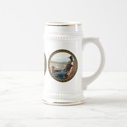 American mallard ducks in a river swimming beer stein