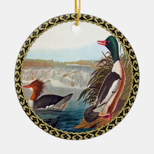 American mallard ducks in a river swimming ceramic ornament