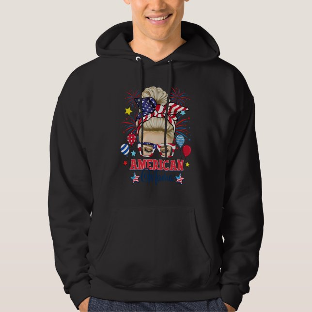 American Mama 4th Of July Messy Bun USA Flag Women Hoodie (Front)
