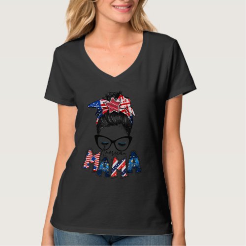 American Mama Messy Bun Women Usa Flag Patriotic 4 T_Shirt