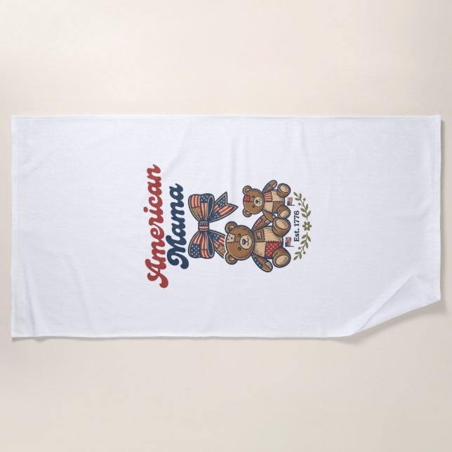 American Mama Patriotic Bear Patchwork Vector Desi Beach Towel (Front)