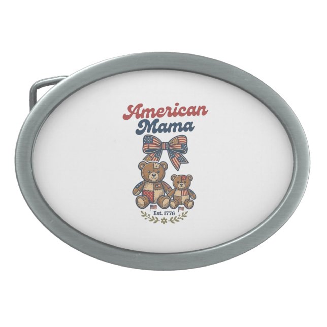 American Mama Patriotic Bear Patchwork Vector Desi Belt Buckle (Front)