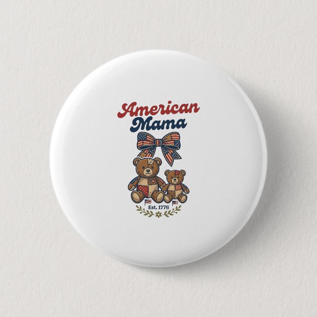 American Mama Patriotic Bear Patchwork Vector Desi Button (Front)