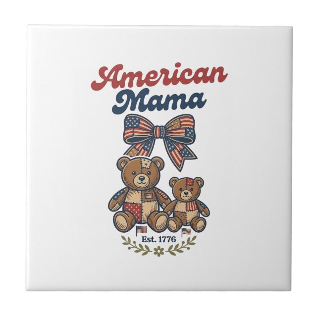 American Mama Patriotic Bear Patchwork Vector Desi Ceramic Tile (Front)
