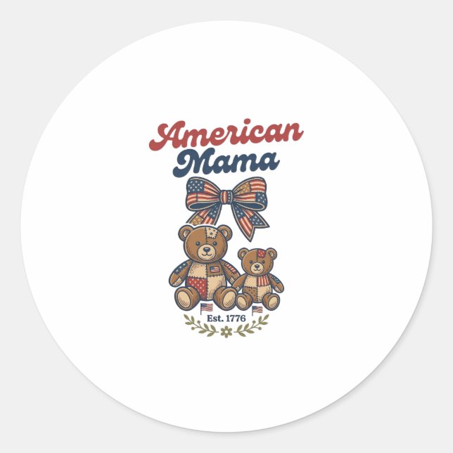 American Mama Patriotic Bear Patchwork Vector Desi Classic Round Sticker (Front)