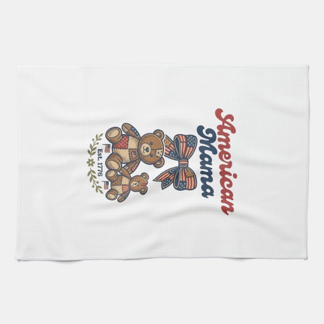 American Mama Patriotic Bear Patchwork Vector Desi Kitchen Towel (Horizontal)