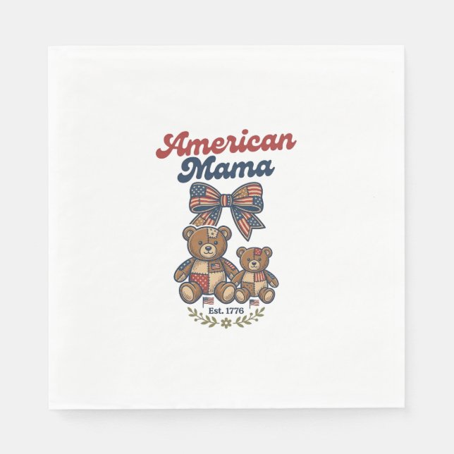 American Mama Patriotic Bear Patchwork Vector Desi Napkins (Front)