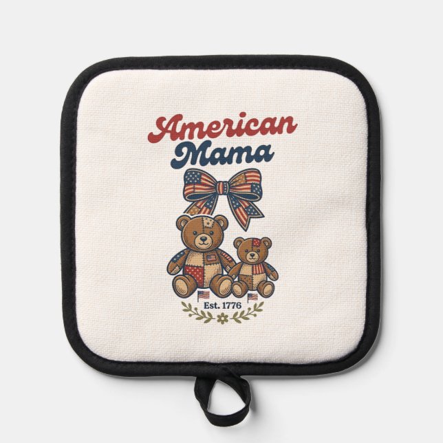 American Mama Patriotic Bear Patchwork Vector Desi Pot Holder (Front)