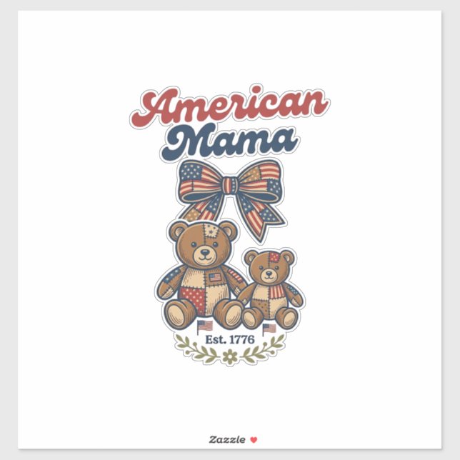 American Mama Patriotic Bear Patchwork Vector Desi Sticker (Sheet)