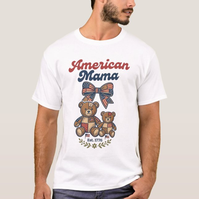 American Mama Patriotic Bear Patchwork Vector Desi T-Shirt (Front)