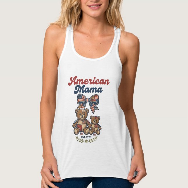 American Mama Patriotic Bear Patchwork Vector Desi Tank Top (Front)