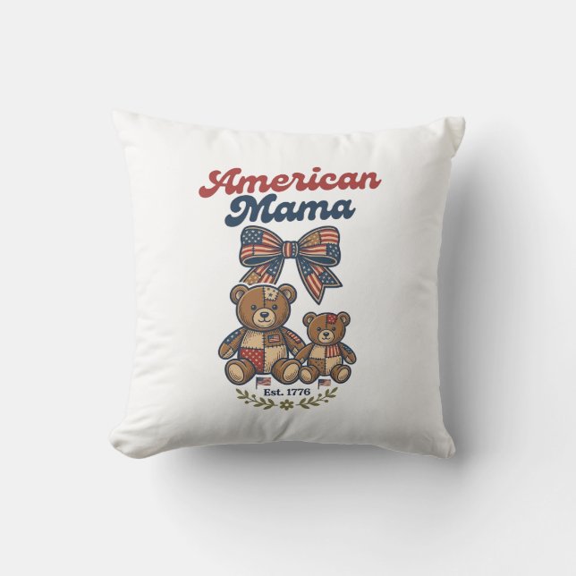 American Mama Patriotic Bear Patchwork Vector Desi Throw Pillow (Front)