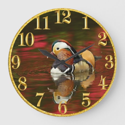 American Mandarin duck in water Gold Clock