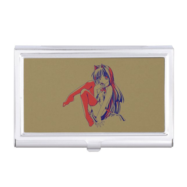 American Manga Neko Catgirl Kawaii Anime Business Card Case (Front)
