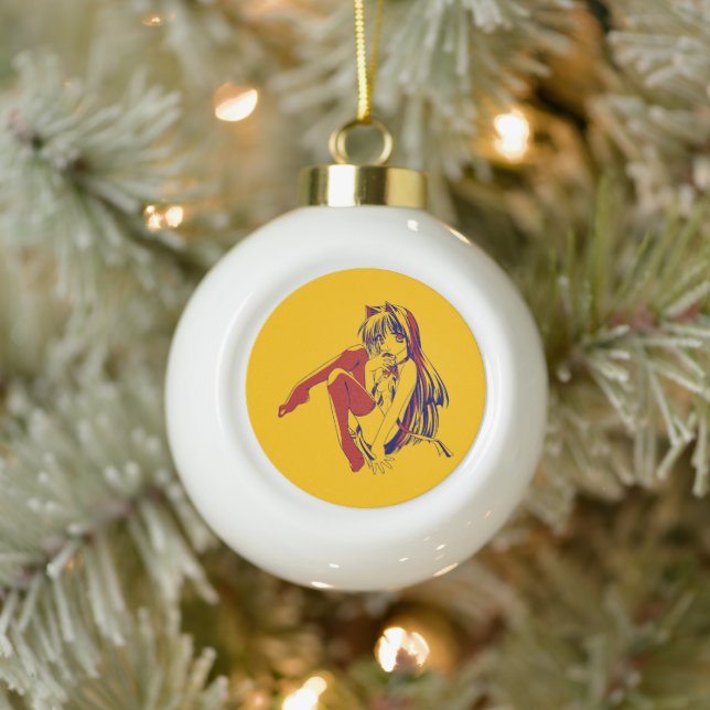 American Manga Neko Catgirl Kawaii Anime Ceramic Ball Christmas Ornament (Tree)