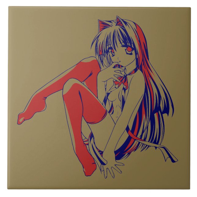 American Manga Neko Catgirl Kawaii Anime Ceramic Tile (Front)
