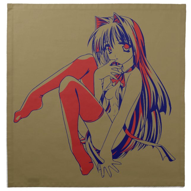 American Manga Neko Catgirl Kawaii Anime Cloth Napkin (Front)