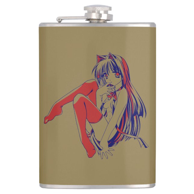 American Manga Neko Catgirl Kawaii Anime Flask (Front)