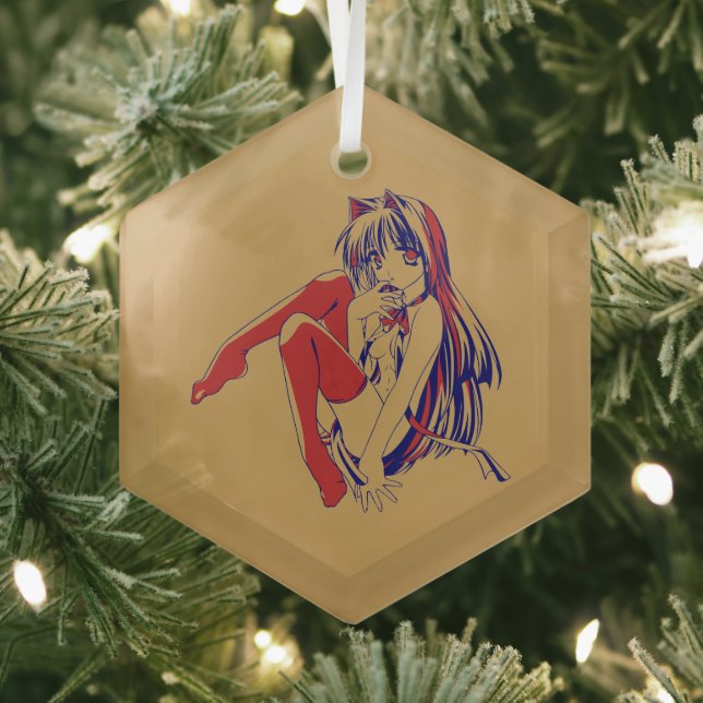 American Manga Neko Catgirl Kawaii Anime Glass Ornament (Insitu)