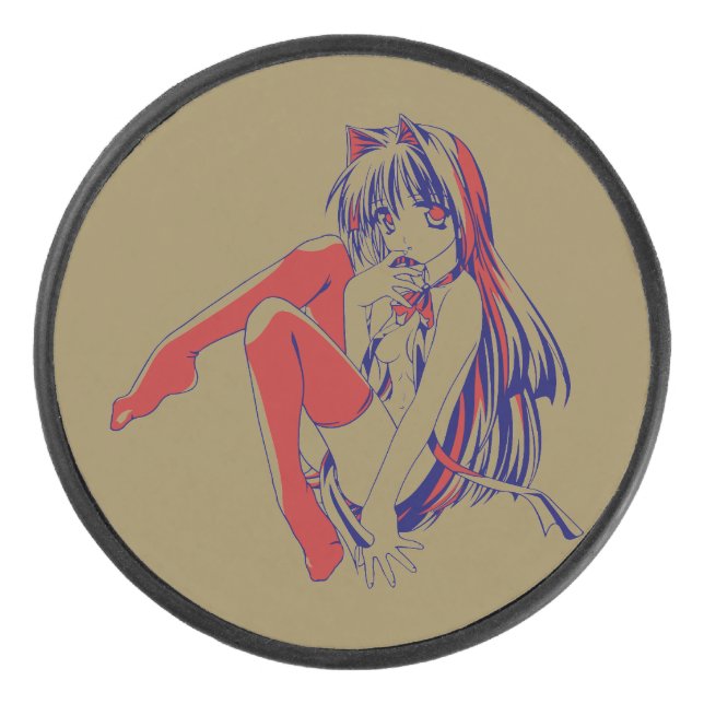 American Manga Neko Catgirl Kawaii Anime Hockey Puck (Front)