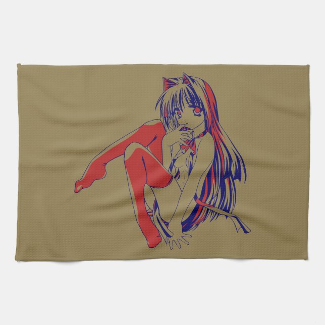 American Manga Neko Catgirl Kawaii Anime Kitchen Towel (Horizontal)